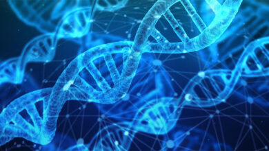 DNA strands in blue on a black background