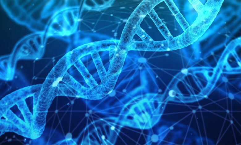 DNA strands in blue on a black background