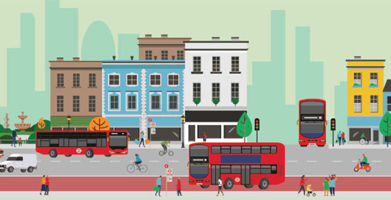 An illustration showing central London with busses and cars on a road and people walking along in front of tall buildings
