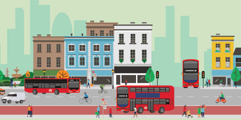 An illustration showing central London with busses and cars on a road and people walking along in front of tall buildings