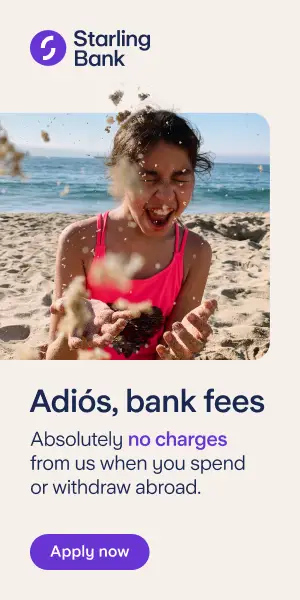 A young girl with dark hair in a ponytail on a beach wearing a bright pink swimming costume throwing sand into the air with the words Adios bank fees, absolutely no changes when you spend or withdraw abroad and apply now written to the right of her and Starling Bank to the left