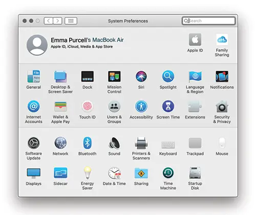 Emma's Mac lapto screen with verious icons for different programmes
