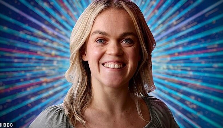 Paralympian Ellie Simmonds on Strictly Come Dancing 2022. She has shoulder length light brown hair and is wearing a beige top, standing in front of a sparkly blue background