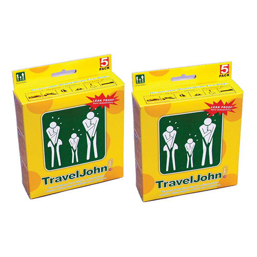 Two boxes of sick bags in yellow and green packaging by Travel John