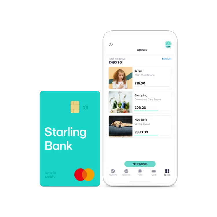 A turquoise Starling Bank card next to a mobile phone with the Starling Bank app on screen showing the Spaces feature that enables you to save money for a specific purpose