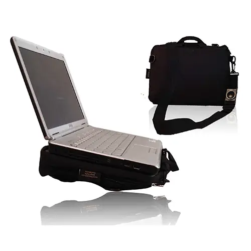 2 in 1 lap tray and bag. Bag underneath with laptop open on top with another image of bag and carry handle.