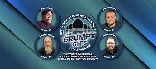 Images of 4 hosts in circle with the name Grumpy Gits Why Should We in a circle in the middle on a green and blue background. Text just below the logo reads The Youtube channel and podcast where we put to the world to rights show by show
