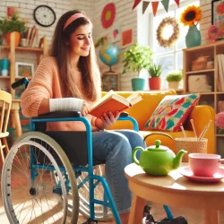 A colourful and vibrant indoor scene with a disabled person using a wheelchair, enjoying a moment of relaxation with a book and a cup of tea. The environment is warm and inviting, emphasizing self-care and well-being.