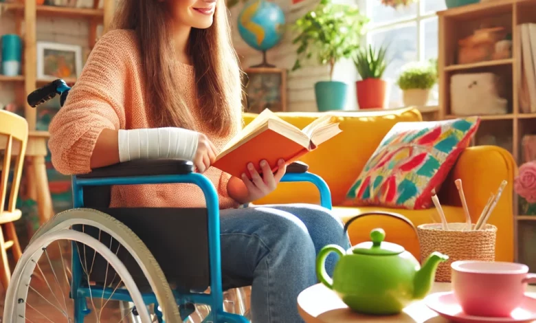 A colourful and vibrant indoor scene with a disabled person using a wheelchair, enjoying a moment of relaxation with a book and a cup of tea. The environment is warm and inviting, emphasizing self-care and well-being.