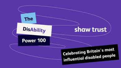 Shaw Trust Power 100 list - a purple background with the words 'The DisAbility Power 100', 'Shaw Trust' and 'Celebrating Britian's most influential disabled people' on screen