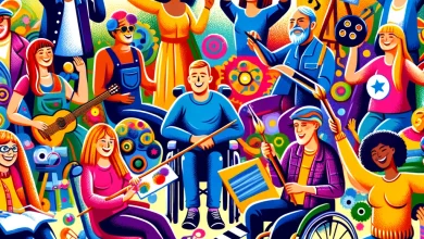 the theme of inclusivity and representation in the arts, highlighting diverse characters engaged in various creative activities. This illustration vividly captures the spirit of diversity and joy in the film industry.