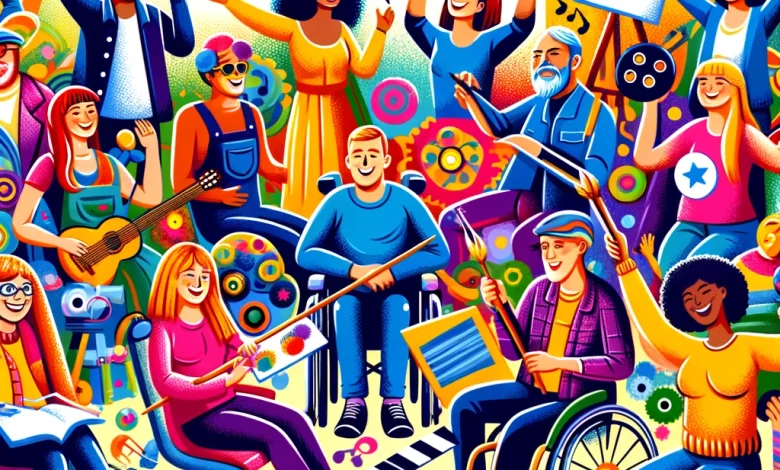 the theme of inclusivity and representation in the arts, highlighting diverse characters engaged in various creative activities. This illustration vividly captures the spirit of diversity and joy in the film industry.