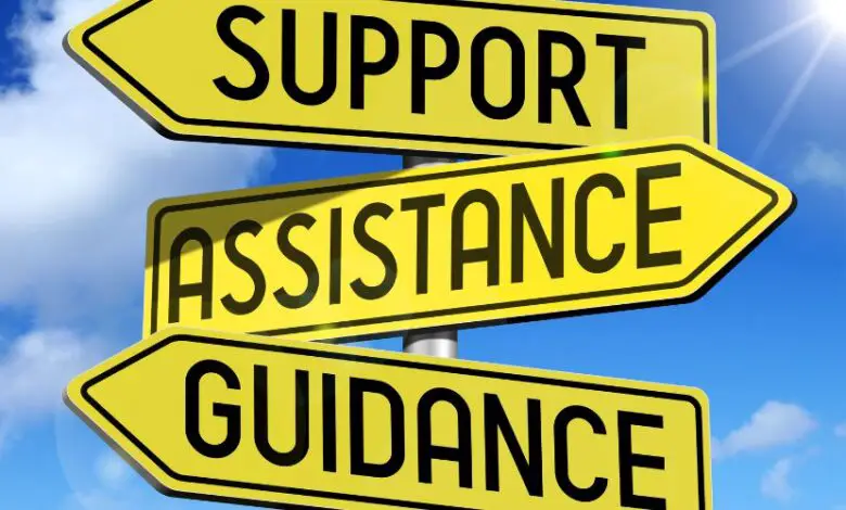 Support, Assistance, Guidance signpost with each word on a yellow background in black capital letters