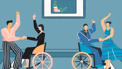 Cartoon image of couples performing in a wheelchairs at a dance competition