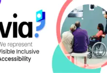 The Via Logo with two people in an art gallery on a bench and a man pushing a woman in a wheelchair