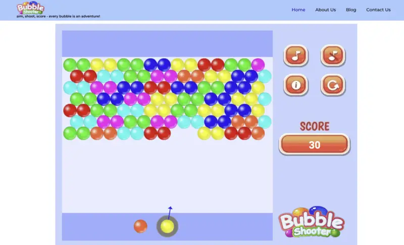 bubble shooter game shows bubbles shooting from the bottom when they hit the same colour the bubbles pop