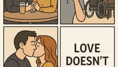 Myth: "Disabled people can’t have sex or romantic relationships"​ Panel 1: Two people on a date, laughing.​ Panel 2: Onlooker whispers, "Are they together?"​ Panel 3: Couple kisses.​ Panel 4: Caption: "Love doesn't discriminate
