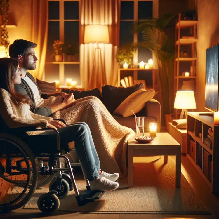  A cozy evening at home for a couple, one partner having cerebral palsy, depicted in a warmly lit and comfortable living space.