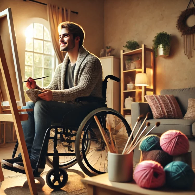 A young man in a wheelchair paints on a canvas in a warmly lit living room. He smiles while holding a paintbrush and palette, surrounded by cozy decor, including yarn balls and knitting needles on a small table. Sunlight streams through a large window, highlighting the relaxed and creative atmosphere.