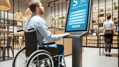 A customer using a wheelchair attempting to use a high-placed tablet ordering system in a modern retail store.