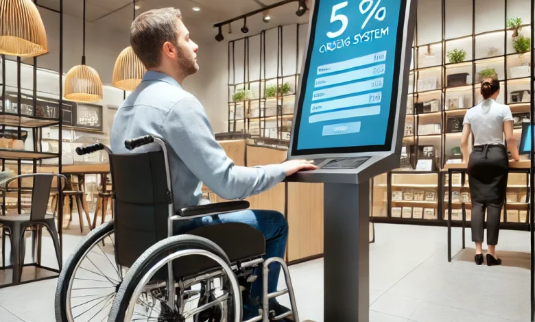 A customer using a wheelchair attempting to use a high-placed tablet ordering system in a modern retail store.