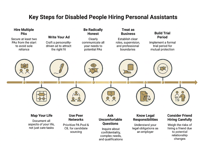 Infographic showing 10 steps for hiring a personal assistant, including writing a tailored ad, asking questions, and planning backup support.