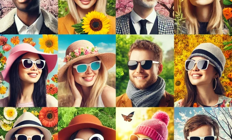 A diverse group of people wearing sunglasses and hats outdoors in various-seasons emphasizing eye protection.