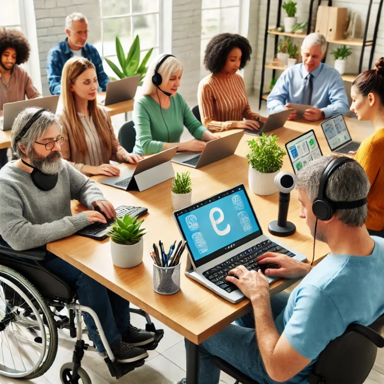 A diverse group of adults, including disabled individuals, engaging in an online learning session using various assistive technologies.