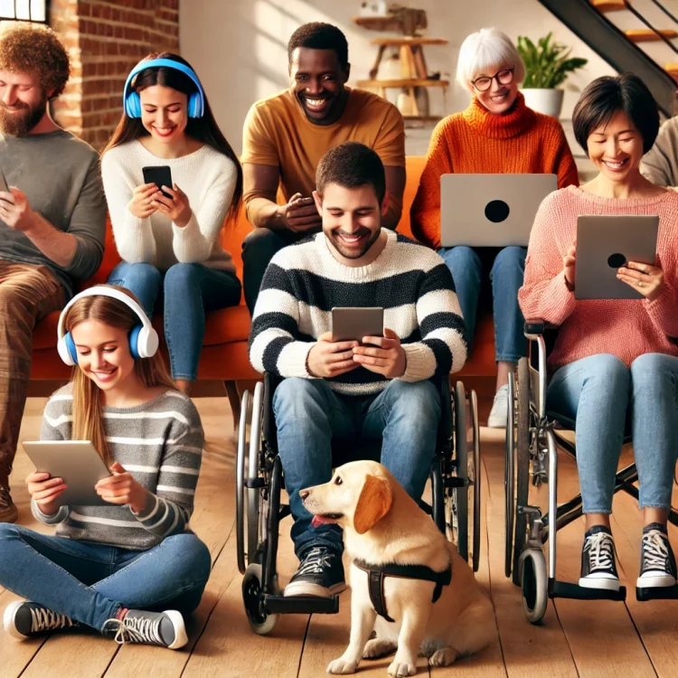 a diverse group of disabled individuals, including those with visible and hidden disabilities, engaging with online dating platforms. 