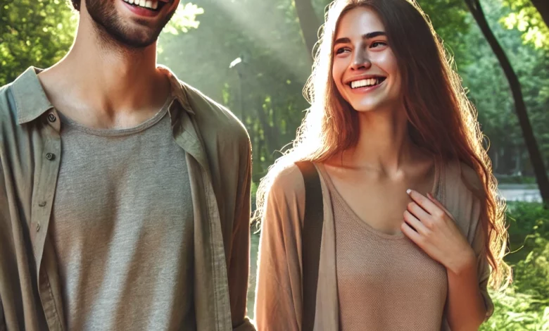 A young man and woman walking outdoors in a sunlit park, smiling warmly at each other. The man has short, wavy dark hair and wears a beige shirt over a gray t-shirt. The woman has long, wavy brown hair and wears a light brown top with a cardigan and jeans. Tall green trees and soft sunlight create a serene background.