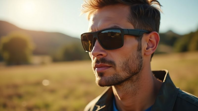 Man wearing dark wraparound prescription safety glasses outdoors in warm evening light with blurred hills and fields in the background.