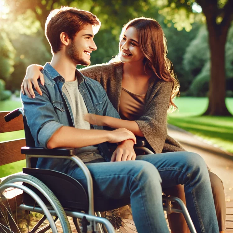 A disabled person and their sibling sitting together on a park bench, smiling and talking, symbolizing support and inclusion.