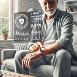 An older man with a white beard sits comfortably on a couch in a well-lit, modern home. He is wearing a smart health device on his wrist and touching its screen. A futuristic digital health interface floats beside him, displaying heart and bladder health statistics. The scene conveys ease, dignity, and the role of technology in managing health