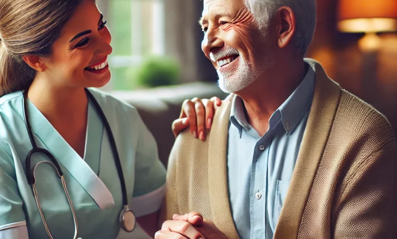 older man receiving support from a friendly nurse or caregiver, warm and uplifting moment between an elderly man with Alzheimer's and a professional nurse providing home care. The man is smiling as they share a friendly interaction, creating a positive and supportive atmosphere in a cozy home setting.