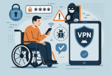 An illustration highlighting cybersecurity and VPN usage for mobile protection. Key Elements: A man in a wheelchair is using a smartphone. A large smartphone screen beside him displays a VPN shield icon with a checkmark and Android logo. Symbols around them include a password field, lock icons, warning signs, a hacker in a hoodie peeking from a window, a bug icon, and a Wi-Fi symbol. The visual style is flat and illustrative, using shades of blue and orange. Contextual Information: The image emphasizes digital safety, suggesting that using a VPN can help protect against threats like malware, weak passwords, and hackers—highlighting accessibility and inclusion in cybersecurity.