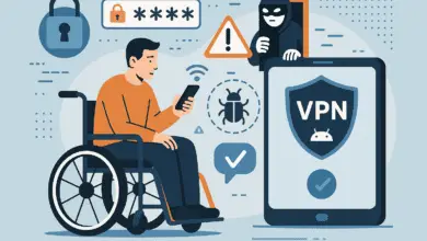 An illustration highlighting cybersecurity and VPN usage for mobile protection. Key Elements: A man in a wheelchair is using a smartphone. A large smartphone screen beside him displays a VPN shield icon with a checkmark and Android logo. Symbols around them include a password field, lock icons, warning signs, a hacker in a hoodie peeking from a window, a bug icon, and a Wi-Fi symbol. The visual style is flat and illustrative, using shades of blue and orange. Contextual Information: The image emphasizes digital safety, suggesting that using a VPN can help protect against threats like malware, weak passwords, and hackers—highlighting accessibility and inclusion in cybersecurity.