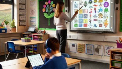 A primary school teacher stands at a digital whiteboard displaying colorful symbols and icons, engaging a classroom with multisensory content. In the foreground, a student wearing blue headphones uses a tablet with assistive reading software. The classroom has flexible seating, calm lighting, and visual displays, reflecting an inclusive learning environment.