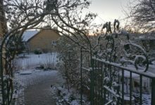 Snow-covered garden with a wrought iron gate and archway, leading to a brick path and a house in the background at sunset.