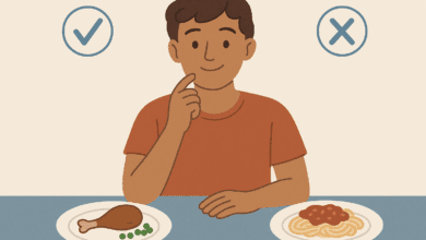 Simple cartoon showing a person choosing between two meals