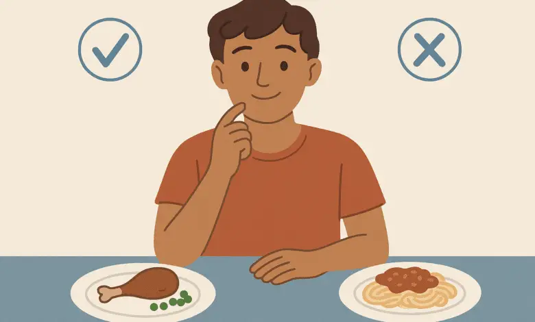 Simple cartoon showing a person choosing between two meals