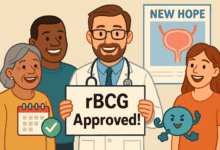 A diverse group of smiling people in a medical setting, with a friendly doctor holding a sign saying “rBCG Approved!”. Background shows a poster with a bladder diagram and “New Hope” written. Easy Read icons like a checkmark and calendar visible.