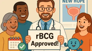 A diverse group of smiling people in a medical setting, with a friendly doctor holding a sign saying “rBCG Approved!”. Background shows a poster with a bladder diagram and “New Hope” written. Easy Read icons like a checkmark and calendar visible.