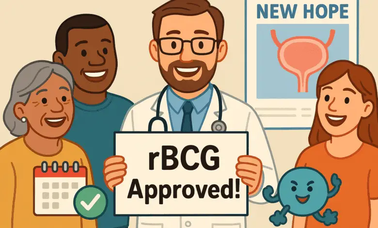 A diverse group of smiling people in a medical setting, with a friendly doctor holding a sign saying “rBCG Approved!”. Background shows a poster with a bladder diagram and “New Hope” written. Easy Read icons like a checkmark and calendar visible.