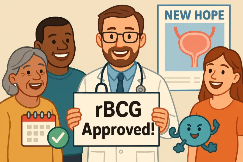 A diverse group of smiling people in a medical setting, with a friendly doctor holding a sign saying “rBCG Approved!”. Background shows a poster with a bladder diagram and “New Hope” written. Easy Read icons like a checkmark and calendar visible.