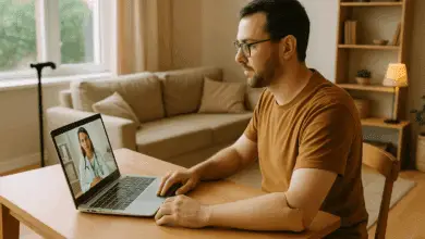 A man with a prosthetic left arm sits at a wooden table in a cozy living room, using a laptop for a video call with a female doctor. The space is warmly lit with beige furniture, a walking cane near the window, and shelves with plants and books in the background.