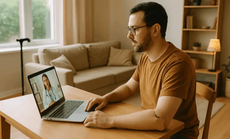 A man with a prosthetic left arm sits at a wooden table in a cozy living room, using a laptop for a video call with a female doctor. The space is warmly lit with beige furniture, a walking cane near the window, and shelves with plants and books in the background.