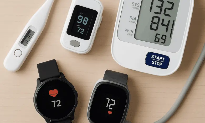 photograph of modern home medical equipment on a wooden or white background. Includes a digital thermometer, pulse oximeter, blood pressure monitor, and heart rate watch