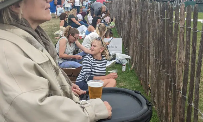 A woman in a power wheelchair watches an outdoor event from behind a fence, holding a beer on her tray. People sit on the grass beside her, facing the same direction. A crowd and scoreboard are visible in the distance under a cloudy sky.