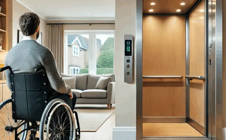A man in a wheelchair faces an open home lift in a bright, modern living room with wooden flooring and a grey sofa near a window.