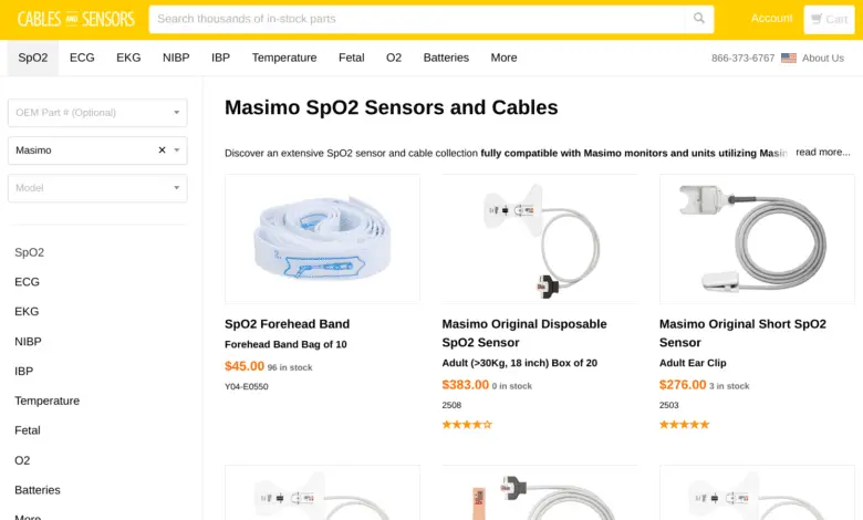 Masimo SpO2 Sensors and Cables product page showing a forehead band, disposable sensor, and ear clip sensor with prices and stock information.